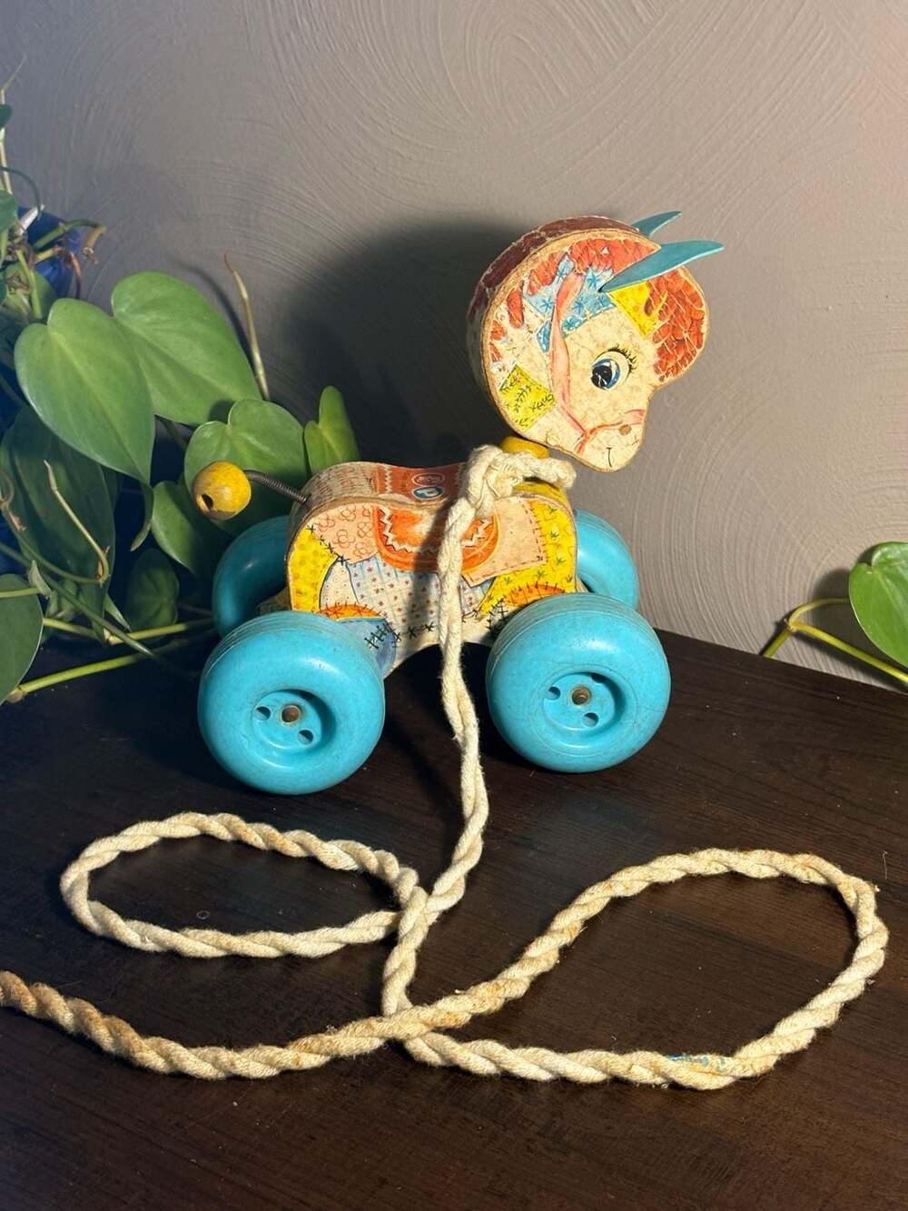 Vintage 1962 Fisher-price Patch Pony Pull Toy, Wooden Mid-century Nursery